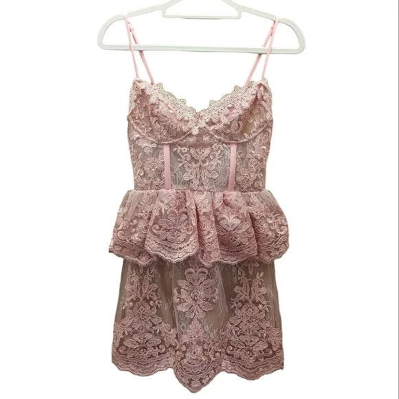 NWT V. Chapman Pink Lace Poppy Corset Peplum Mini Dress Size 2